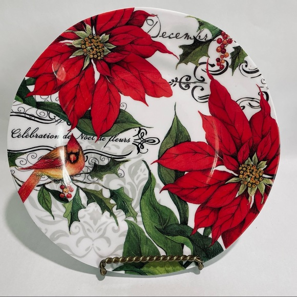 Poinsettia cardinal Christmas melamine salad plates set of 4 - Picture 2 of 6